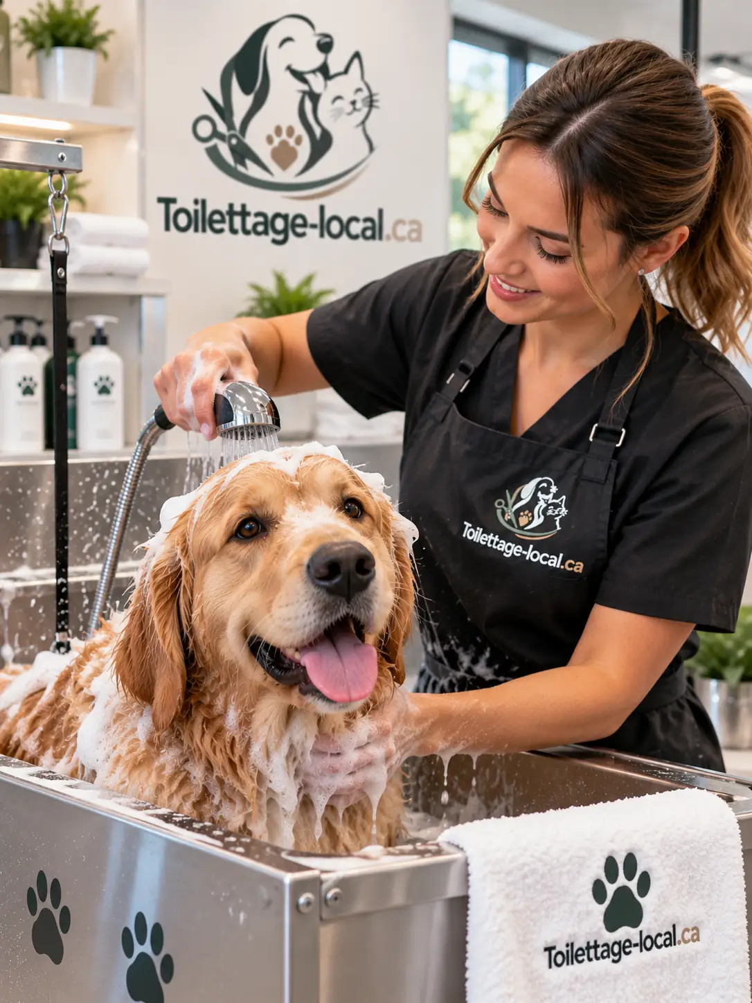 Bain d'un chien dans une baignoire de toilettage