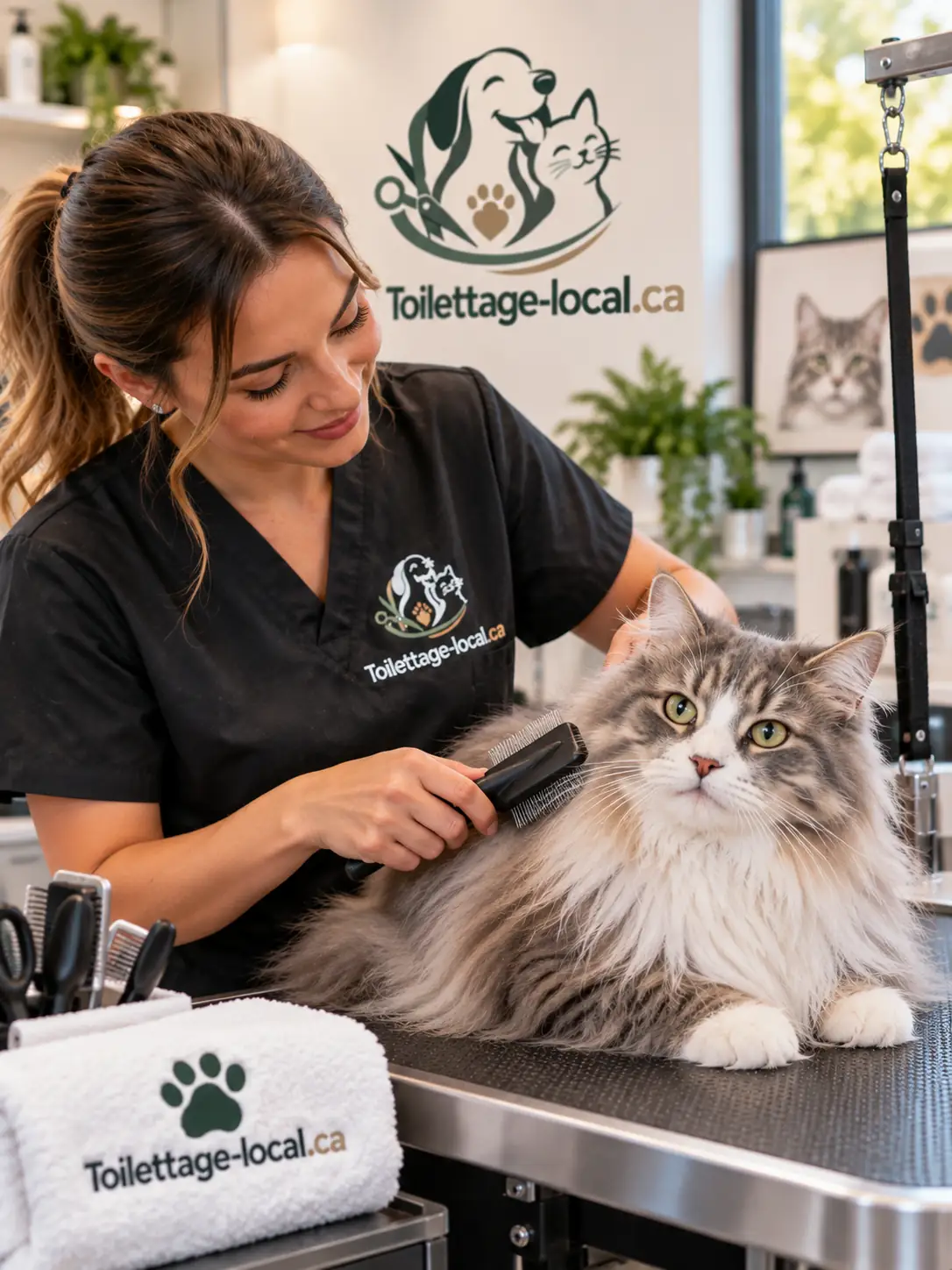 Brossage d'un chat à poils longs sur table de toilettage