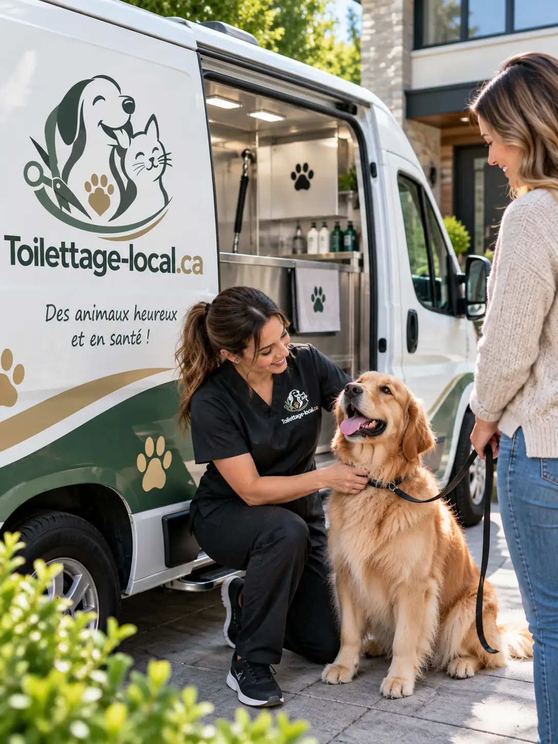 Unité mobile de toilettage devant une résidence